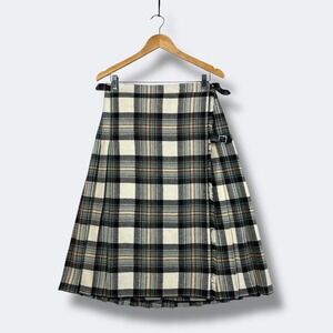 Vintage Pure New Wool Tartan Pleated Kilt Wrap Skirt Made in England Size 16